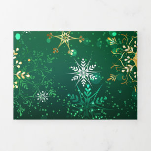 Xmas Golden Snowflakes on Green Background Tri-Fold Holiday Card