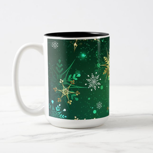 Xmas Golden Snowflakes on Green Background Two-Tone Coffee Mug (Left)