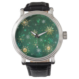 Xmas Golden Snowflakes on Green Background Watch