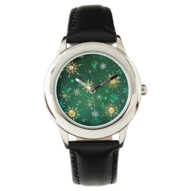 Xmas Golden Snowflakes on Green Background Watch (Front)
