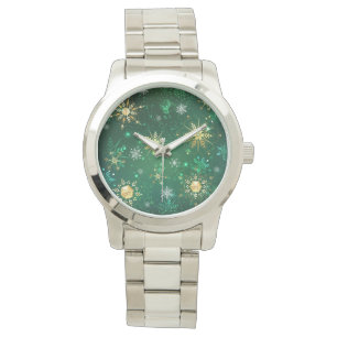Xmas Golden Snowflakes on Green Background Watch