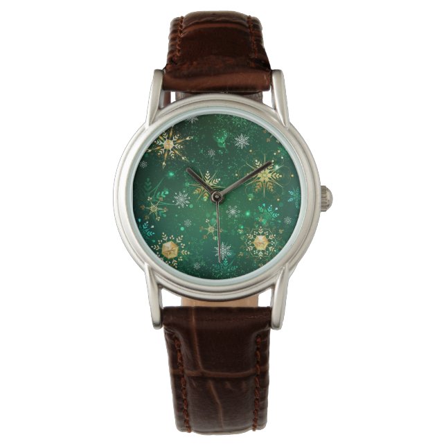 Xmas Golden Snowflakes on Green Background Watch (Front)