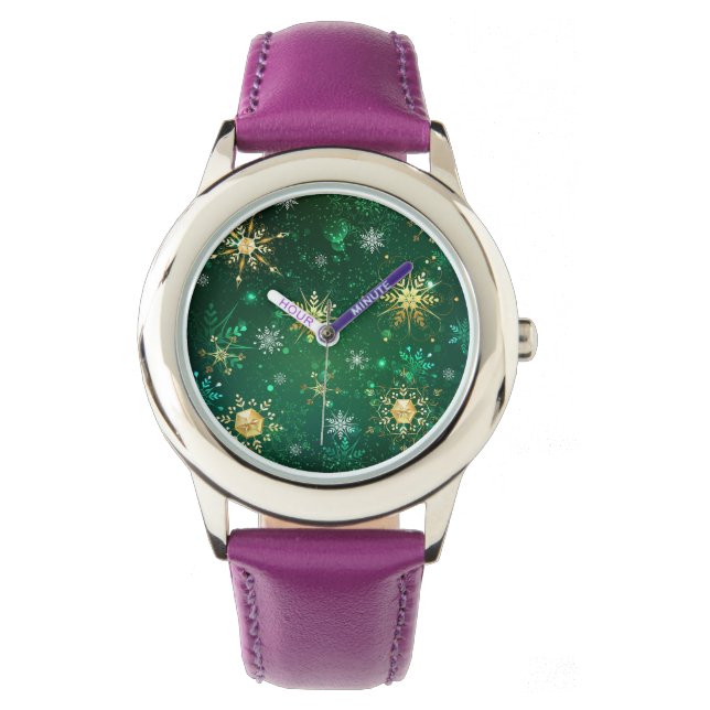 Xmas Golden Snowflakes on Green Background Watch (Front)