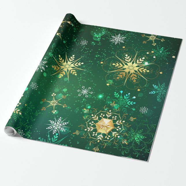 Xmas Golden Snowflakes on Green Background Wrapping Paper (Unrolled)