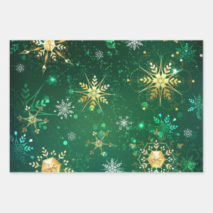 Xmas Golden Snowflakes on Green Background Wrapping Paper Sheet