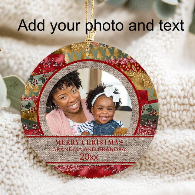 Xmas Grandma Grandpa Red Gold Green Brown Burlap Ornament (Add your photo and text.)