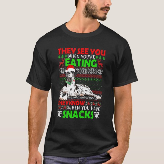 Xmas Great Dane Santa They See You When You're Eat T-Shirt (Front)