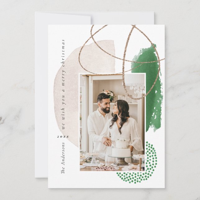 Xmas Green Modern Geometric Photo Holiday Card (Front)