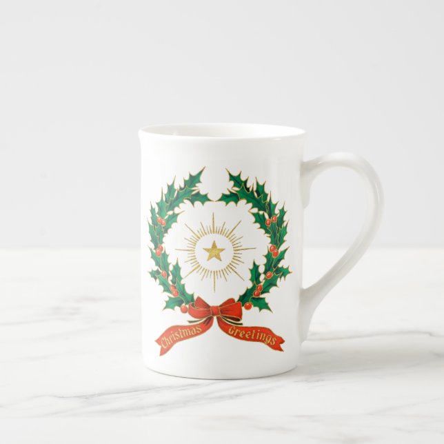 Xmas Greetings Holly Wreath & Star of Bethlehem  Bone China Mug (Right)