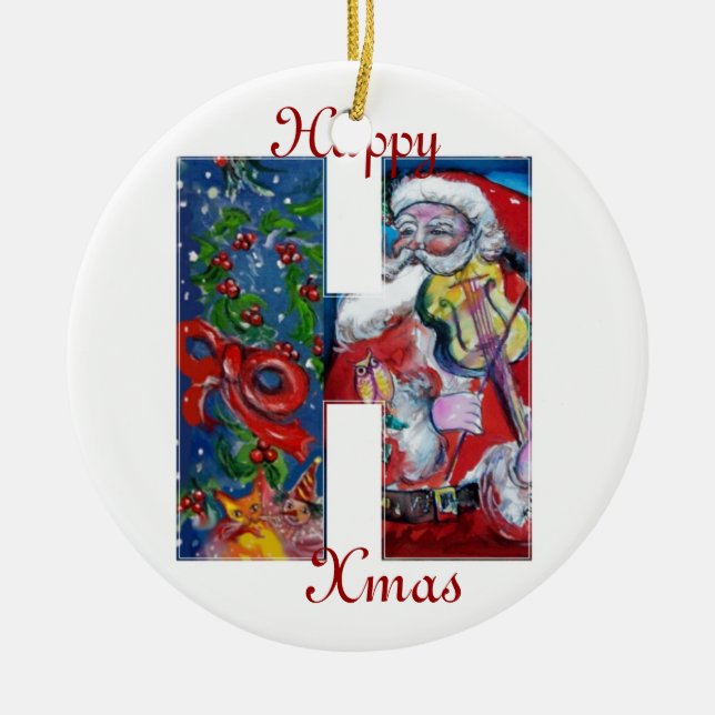 XMAS H LETTER /SANTA  CLAUS WITH VIOLIN MONOGRAM CERAMIC TREE DECORATION (Front)