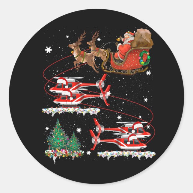 Xmas Helicopter Reindeer Santas Sleigh Pilot Merry Classic Round Sticker (Front)