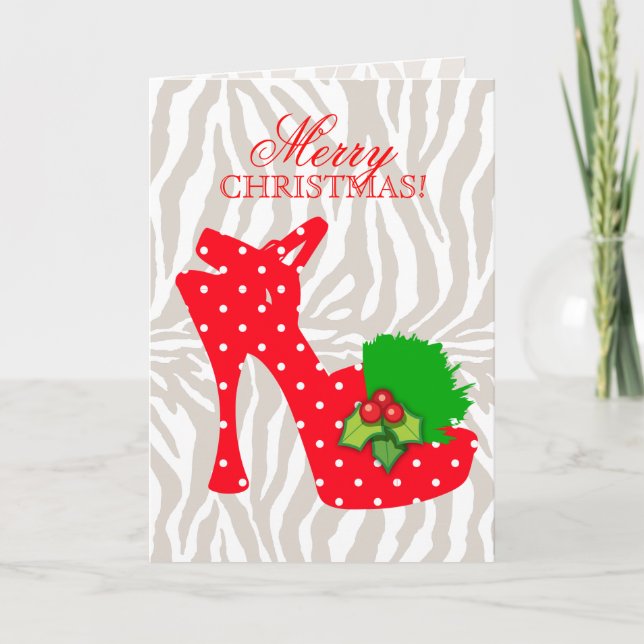 Xmas High Heel Shoe Zebra Red Dots Holiday Card (Front)