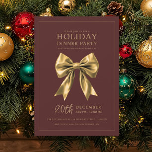 Xmas Holiday Dinner Party Gold Satin Bow Burgundy Invitation