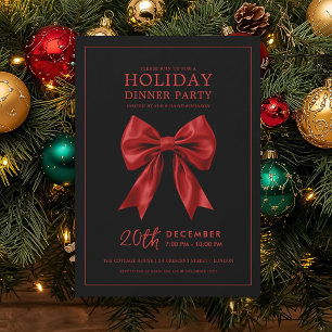 Xmas Holiday Dinner Party Red Satin Bow Black  Invitation
