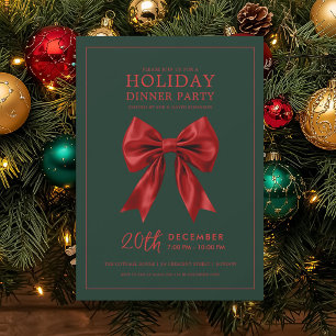Xmas Holiday Dinner Party Red Satin Bow Green  Invitation