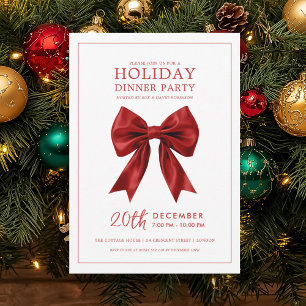 Xmas Holiday Dinner Party Red Satin Bow  Invitation