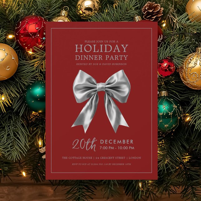 Xmas Holiday Dinner Party Silver Satin Bow Red  Invitation (Xmas Holiday Dinner Party Silver Satin Bow Red Invitation)