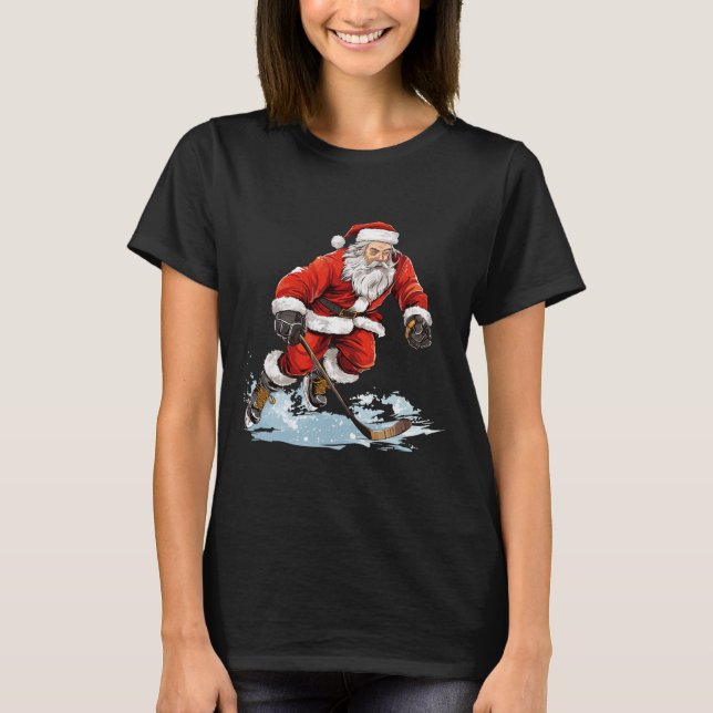 Xmas Holiday Fun Santa Playing Ice Hockey Christma T-Shirt (Front)