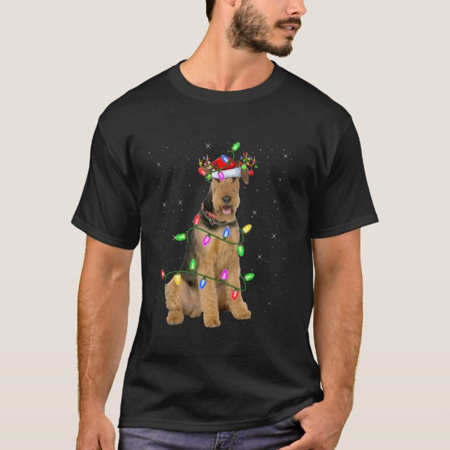 Xmas Holiday Lighting Santa Airedale Terrier Dog C T-Shirt (Front)