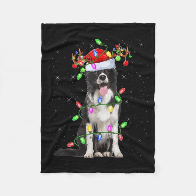Xmas Holiday Lighting Santa Border Collie Dog Chri Fleece Blanket (Front)