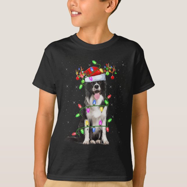 Xmas Holiday Lighting Santa Border Collie Dog Chri T-Shirt (Front)