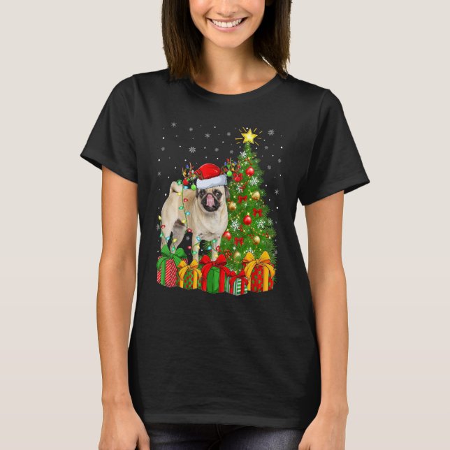 Xmas Holiday Lights Santa Pug Dog Christmas Tree T-Shirt (Front)