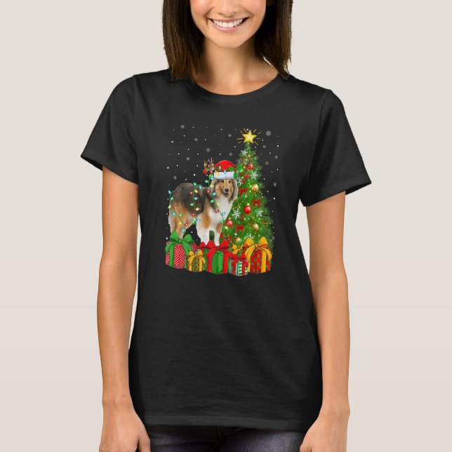 Xmas Holiday Lights Santa Sheltie Dog Christmas Tr T-Shirt (Front)