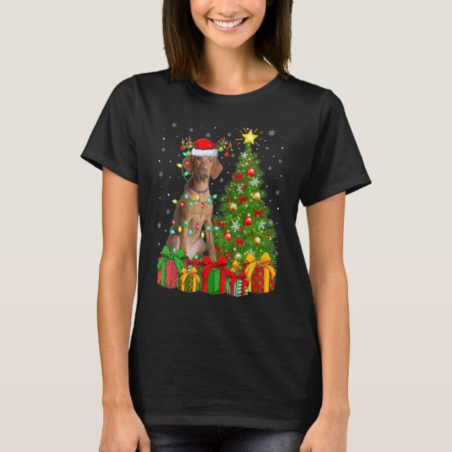 Xmas Holiday Lights Santa Vizsla Dog Christmas Tre T-Shirt (Front)