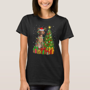 Xmas Holiday Lights Santa Vizsla Dog Christmas Tre T-Shirt