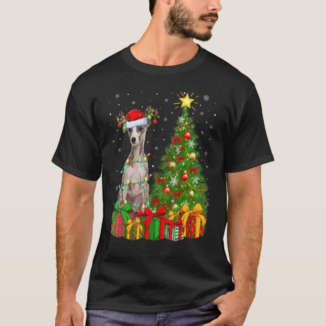 Xmas Holiday Lights Santa Whippet Dog Christmas Tr T-Shirt (Front)