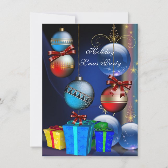Xmas Holiday Party Red Blue Gifts Boxes Balls Invitation (Front)