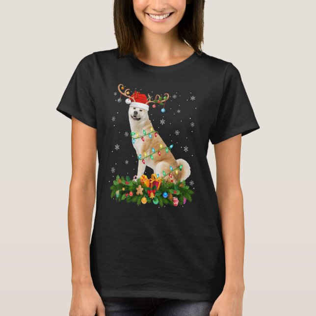 Xmas Holiday Reindeer Hat Santa Akita Dog Christma T-Shirt (Front)