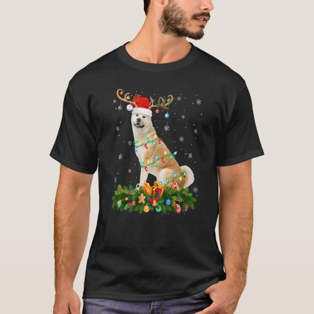 Xmas Holiday Reindeer Hat Santa Akita Dog Christma T-Shirt (Front)