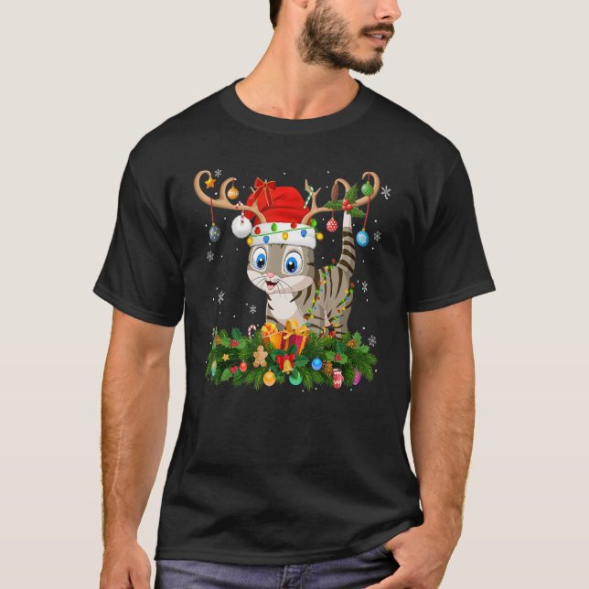Xmas Holiday Reindeer Hat Santa Bengal Cat Christm T-Shirt (Front)