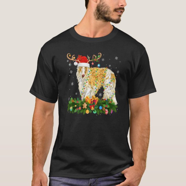 Xmas Holiday Reindeer Hat Santa Borzoi Dog Christm T-Shirt (Front)