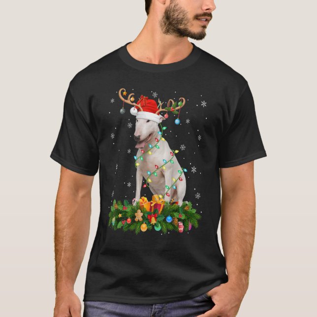 Xmas Holiday Reindeer Hat Santa Bull Terrier Dog C T-Shirt (Front)