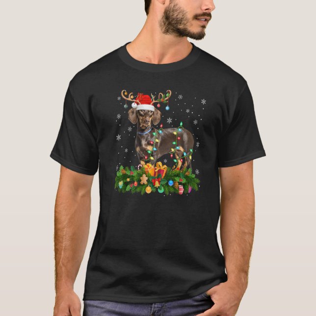 Xmas Holiday Reindeer Hat Santa Dachshund Dog Chri T-Shirt (Front)