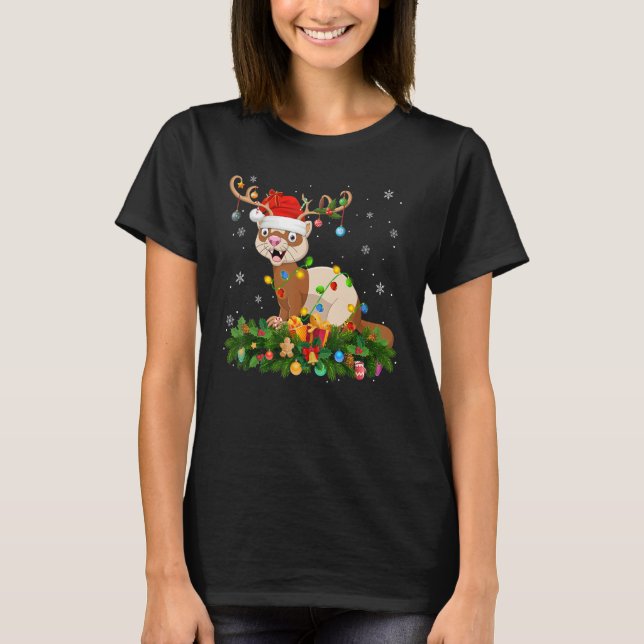 Xmas Holiday Reindeer Hat Santa Ferret Christmas T-Shirt (Front)