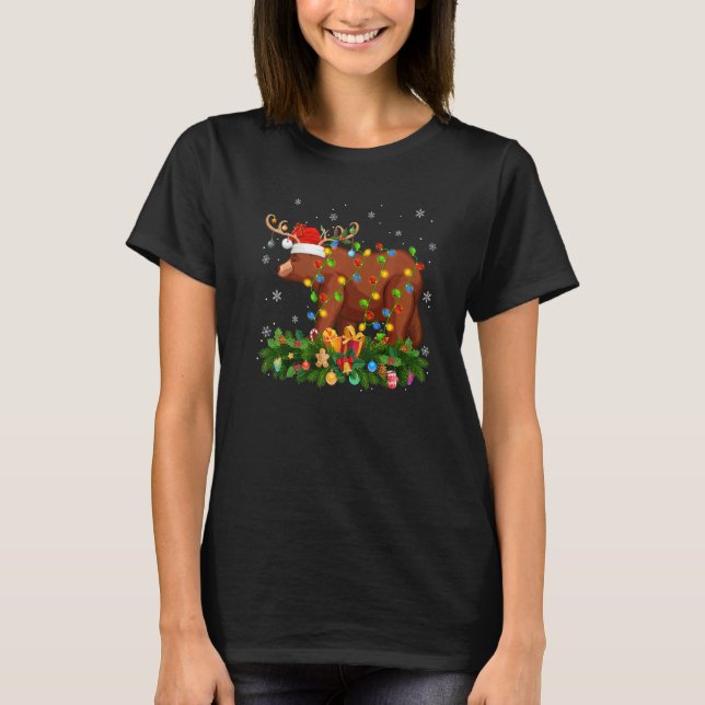Xmas Holiday Reindeer Hat Santa Grizzly Bear Chris T-Shirt (Front)