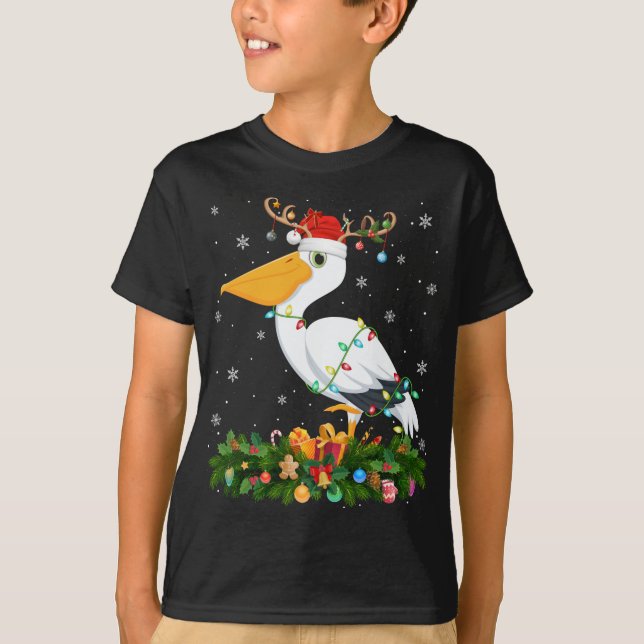 Xmas Holiday Reindeer Hat Santa Pelican Bird Chris T-Shirt (Front)