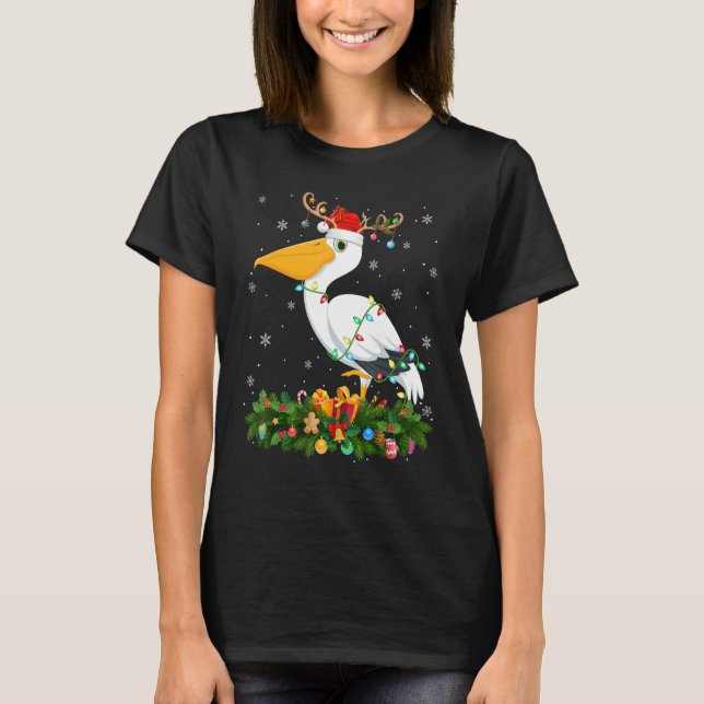 Xmas Holiday Reindeer Hat Santa Pelican Bird Chris T-Shirt (Front)