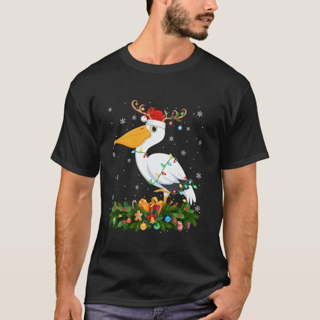 Xmas Holiday Reindeer Hat Santa Pelican Bird Chris T-Shirt (Front)