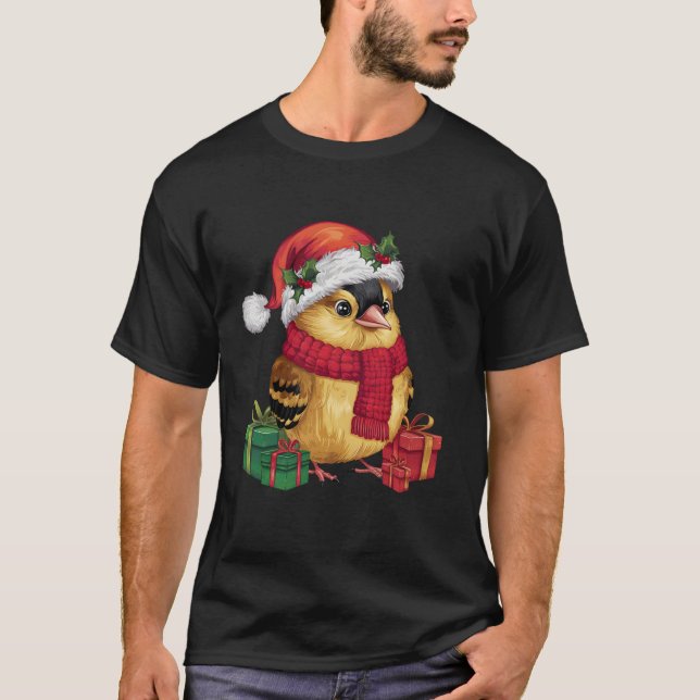 Xmas Holiday Santa Hat American Goldfinch Bird Chr T-Shirt (Front)