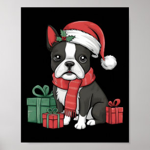 Xmas Holiday Santa Hat Boston Terrier Dog Christma Poster