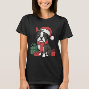 Xmas Holiday Santa Hat Boston Terrier Dog Christma T-Shirt