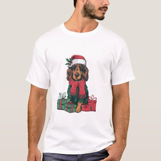 Xmas Holiday Santa Hat Irish Setter Dog Christmas  T-Shirt (Front)