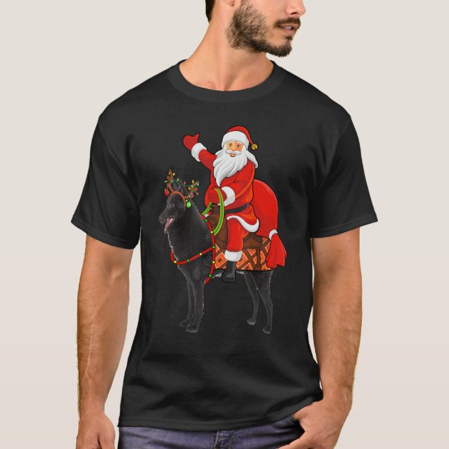 Xmas Holiday Santa Riding Schipperke Dog Christmas T-Shirt (Front)