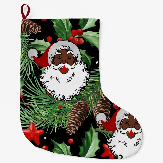 xmas holly black santa claus large christmas stocking (Front)
