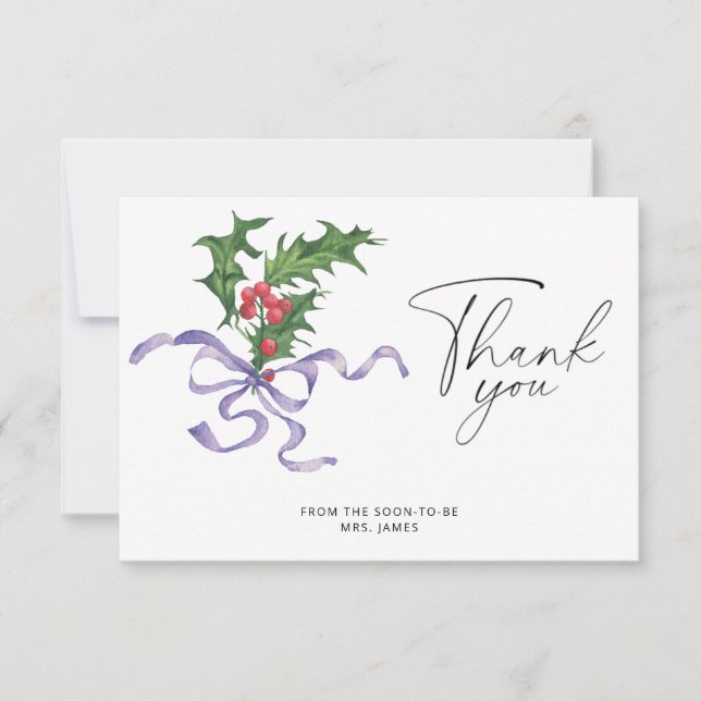 Xmas holly branch bridal shower thank you card (Front)