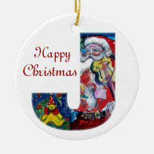 XMAS J LETTER /SANTA CLAUS WITH VIOLIN MONOGRAM CERAMIC TREE DECORATION